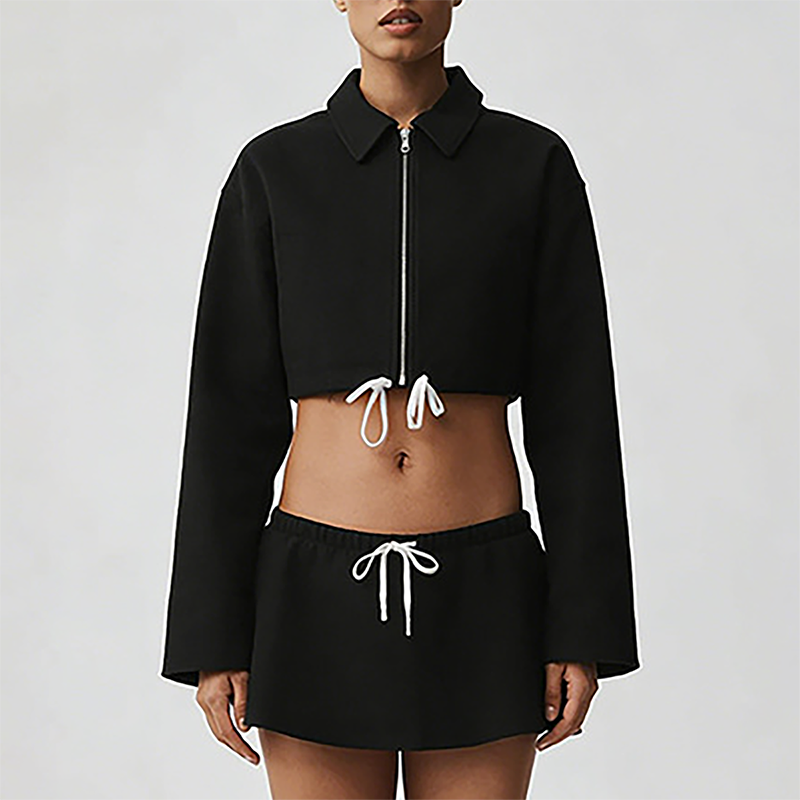 Wholesale Cotton-Blend Drawstring Zip Jacket & Mini Skirt Set – 2-Piece Casual Sports Matching Set
