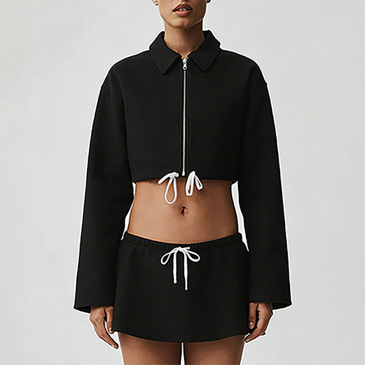 Wholesale Cotton-Blend Drawstring Zip Jacket & Mini Skirt Set – 2-Piece Casual Sports Matching Set