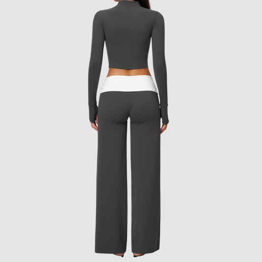 Wholesale Women’s Stand-Collar Zip Jacket & Flared Yoga Pants Set