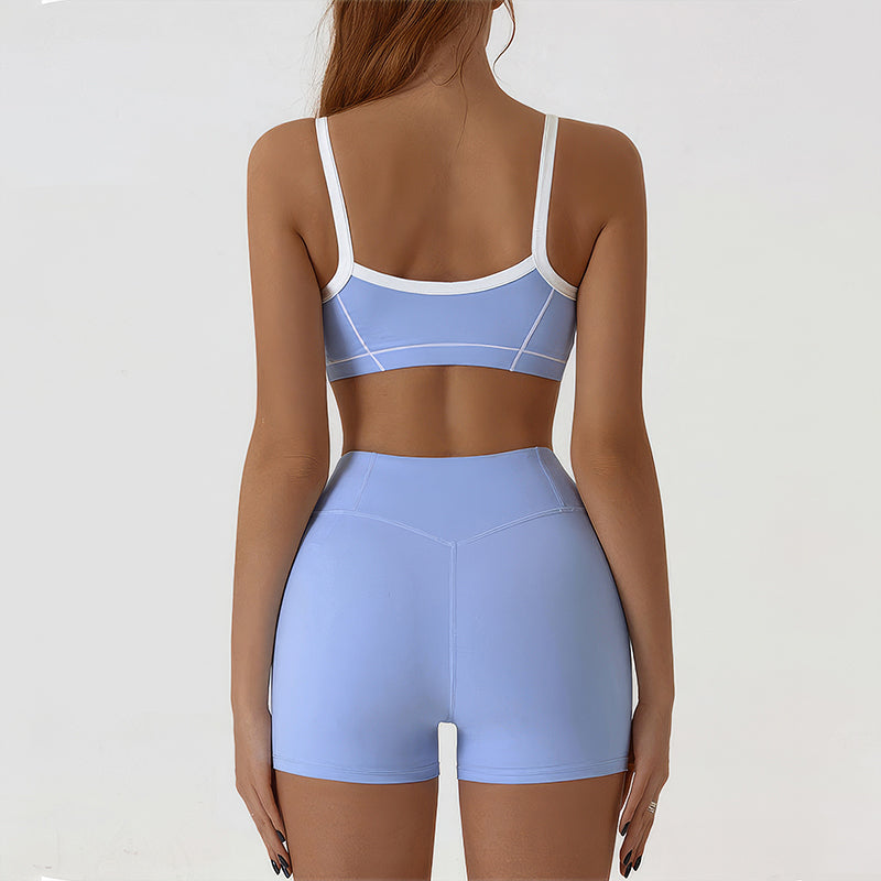 Wholesale color-blocked sports bra + high-elasticity shorts