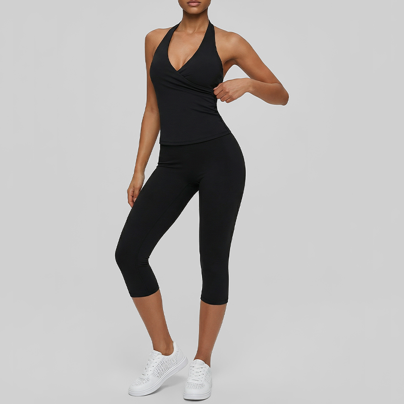 Wholesale V-neck halter top + high-waisted cropped pants set