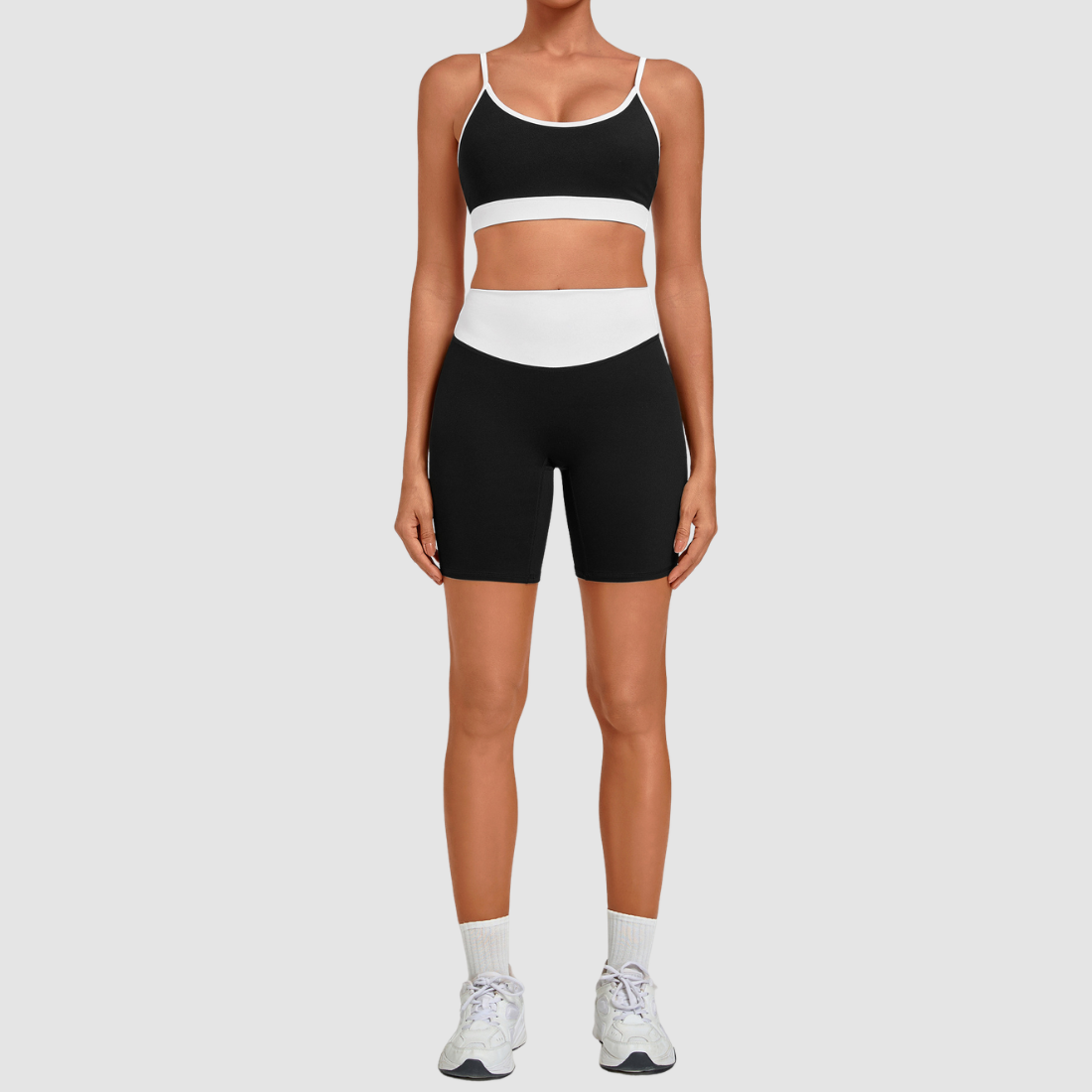 Wholesale Women’s Contrast Strap Sports Bra & High-Waist Biker Shorts Yoga Set