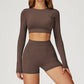 Round-neck long-sleeve high-waist fitted top+High-waist shorts 2-PIECE SET