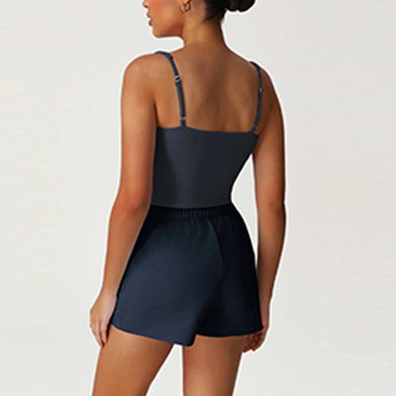 V-Neck Crop Top + Loose Sports Shorts 2-Piece Set