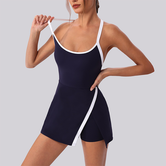 Wholesale Women's Spaghetti Strap Tennis Dress – Feather-Trim Anti-Exposure Fitness Dress