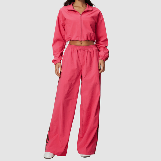 Wholesale Women's Color-Block Stand-Collar Wide-Leg Pants Sports Set