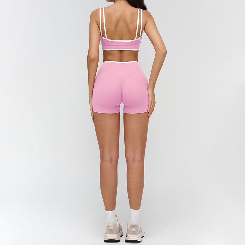 Women's contrasting color sports bra + high-waisted shorts 2-piece set