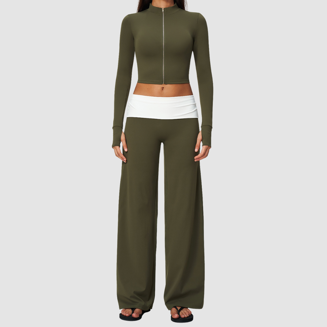 Wholesale Women’s Stand-Collar Zip Jacket & Flared Yoga Pants Set