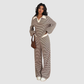 Wholesale Women's Striped Collared Lounge Set – Long Sleeve Top + Wide-Leg Pants
