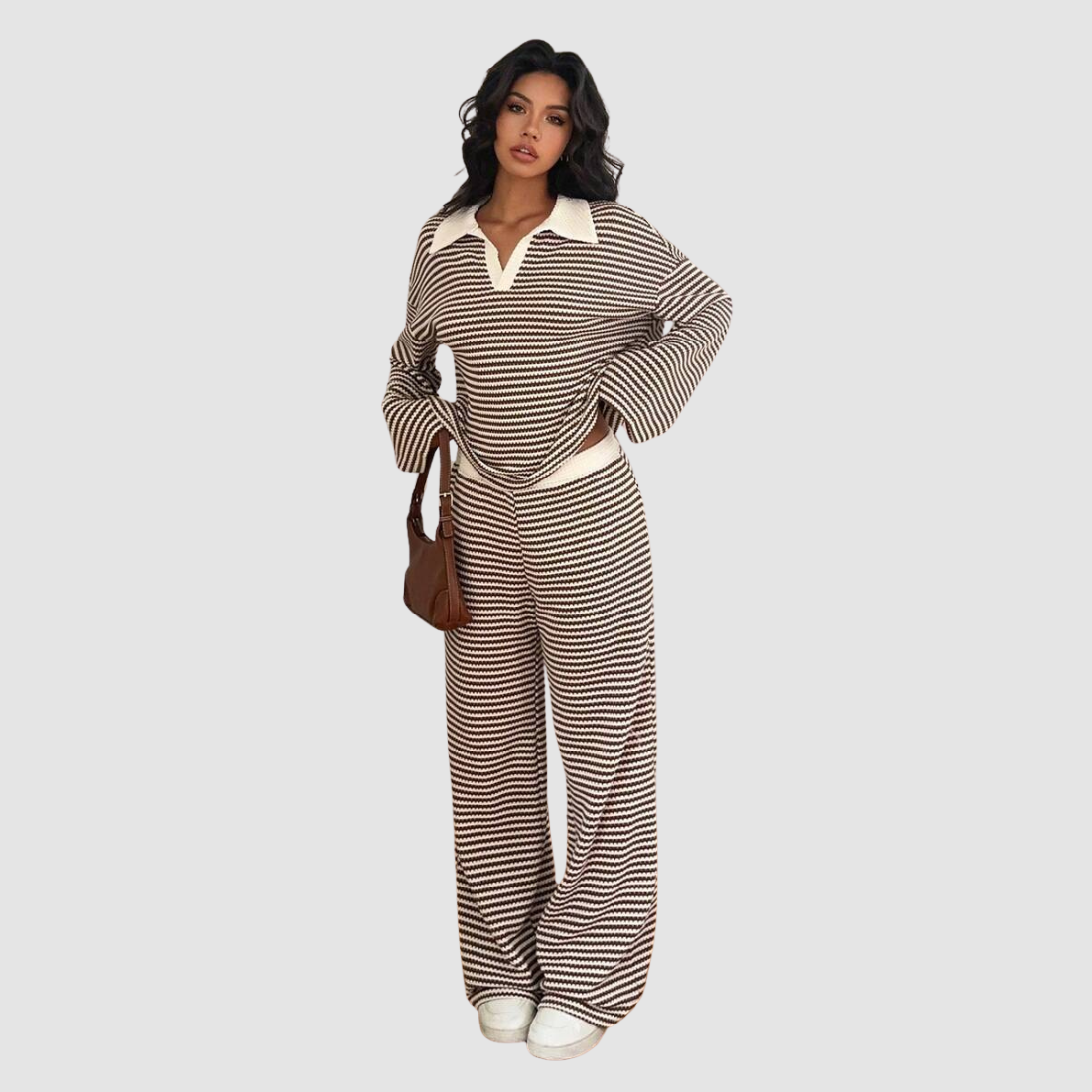 Wholesale Women's Striped Collared Lounge Set – Long Sleeve Top + Wide-Leg Pants