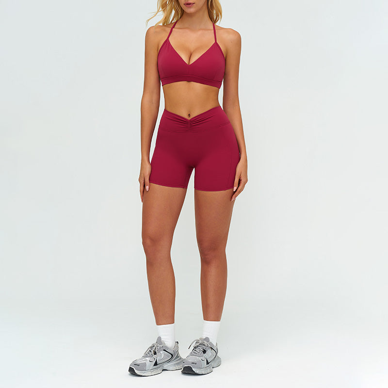 Removable bra pads + high-waisted pleated shorts 2-piece set