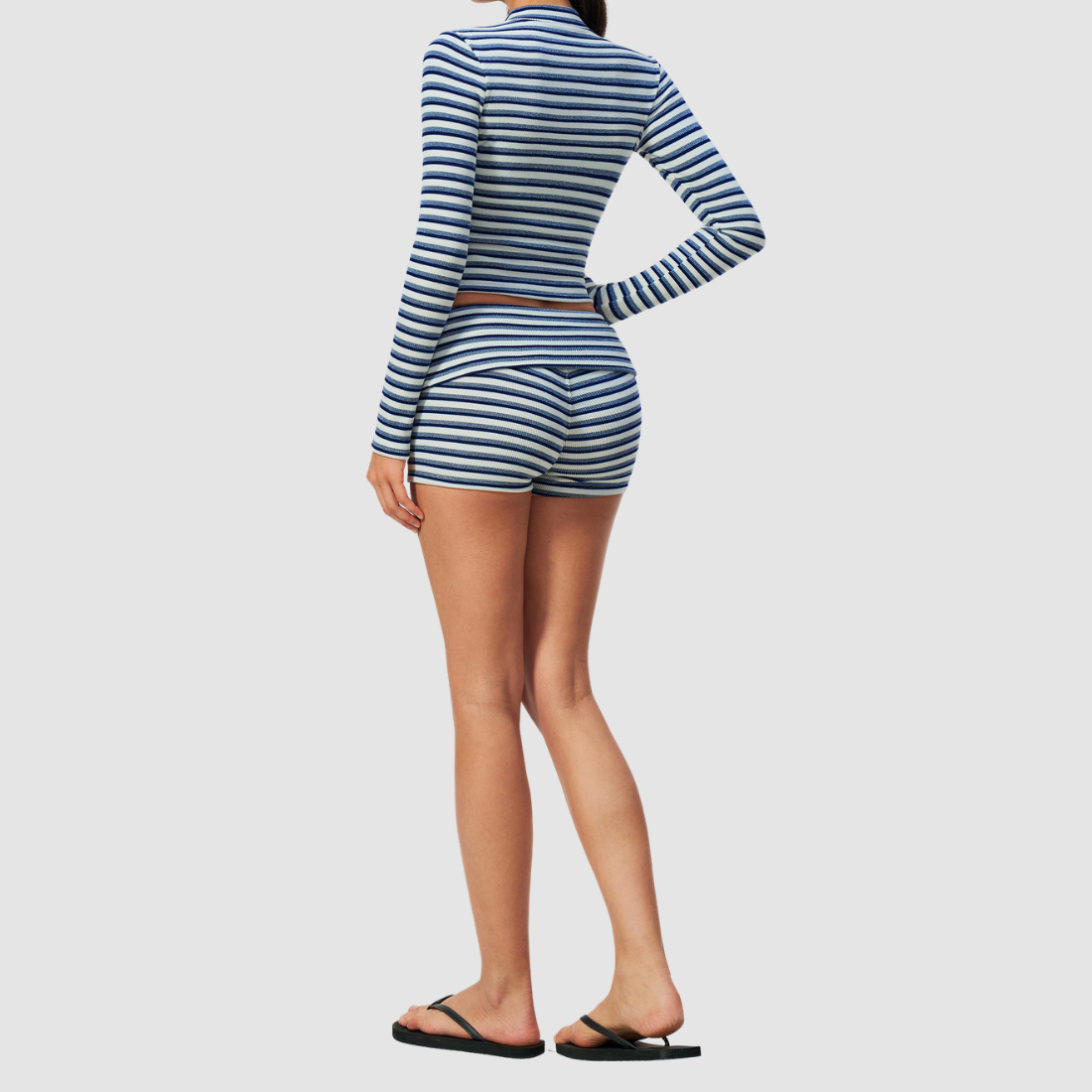 Wholesale Women's Stripe Fitness Outfit Yoga Bra, High-Waist Shorts & Jacket 3-Piece Set