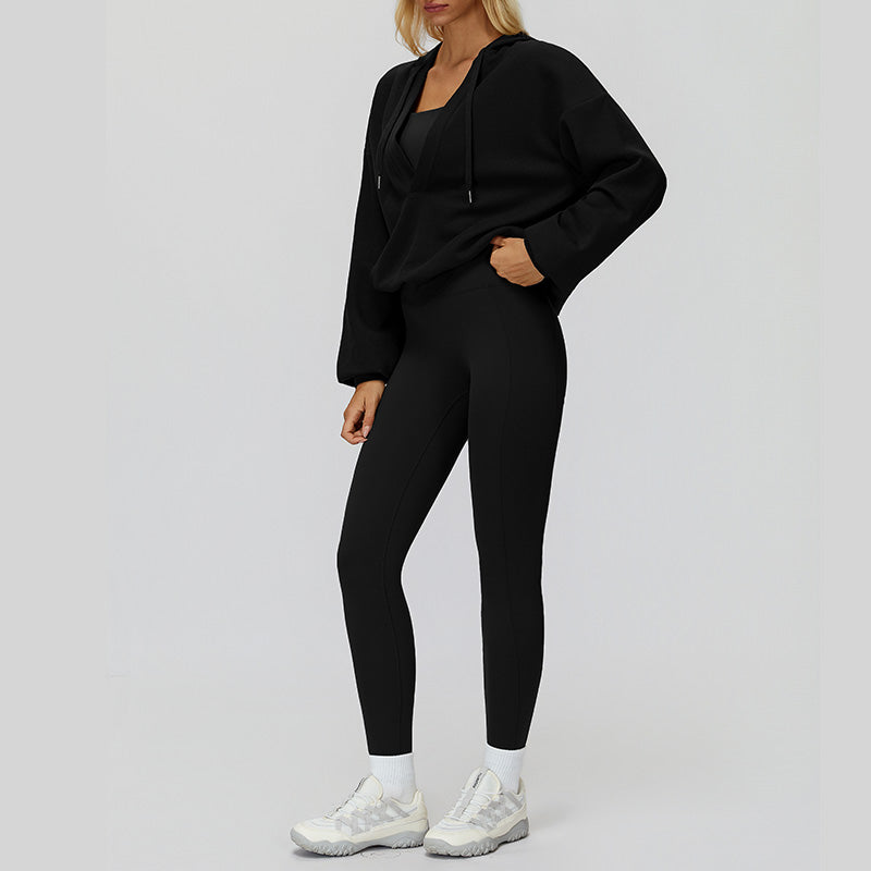 V-neck large hooded jacket+Sports tank top+High-waisted leggings 3-piece set