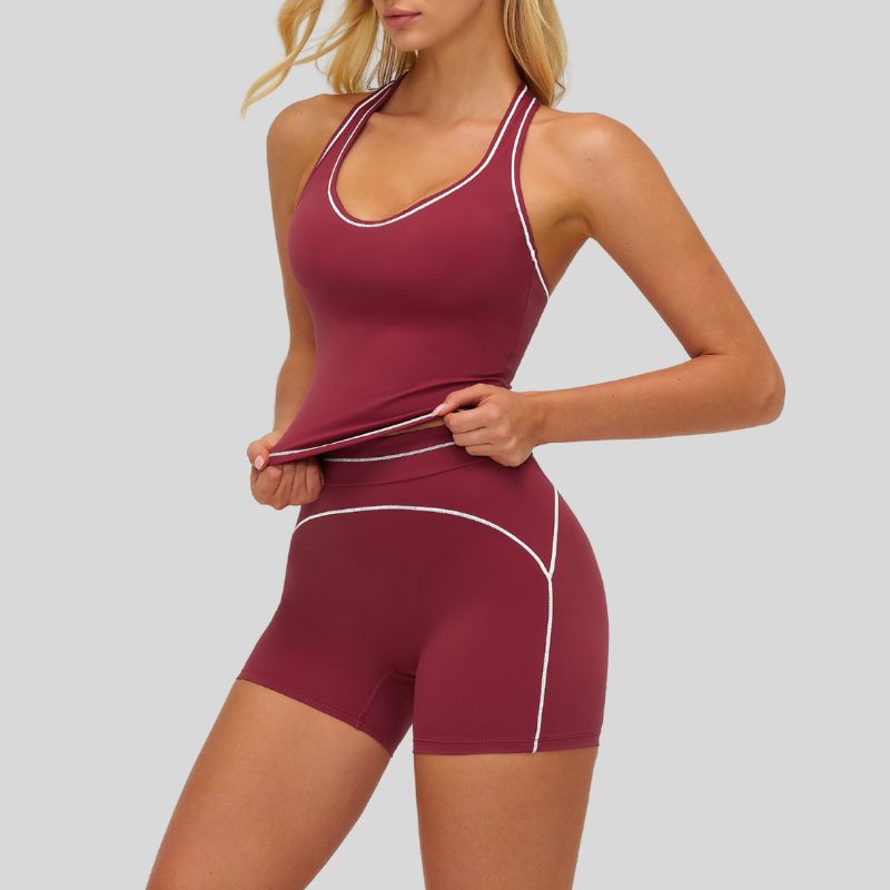 Contrasting racerback tank top+High waisted shorts 2-piece set