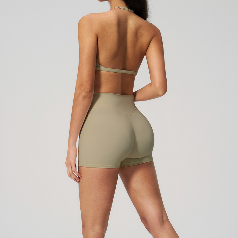 Wholesale Women's Halter Neck Sports Bra & High-Waist Booty Shorts Set – Seam-Detail Quick-Dry 2-Piece Yoga Set