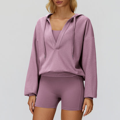 V-neck large hooded jacket+Sports tank top+High waisted shorts 3-piece set