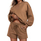 Round neck loose casual sweatshirt+Loose-fitting athletic shorts 2-piece set