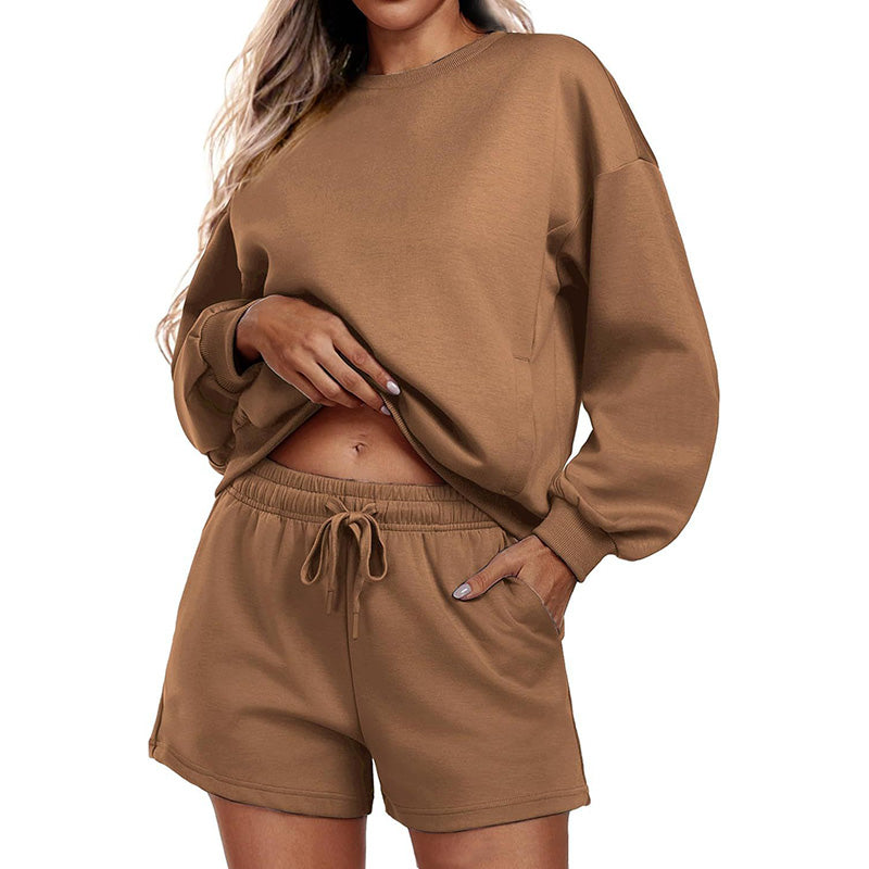 Round neck loose casual sweatshirt+Loose-fitting athletic shorts 2-piece set