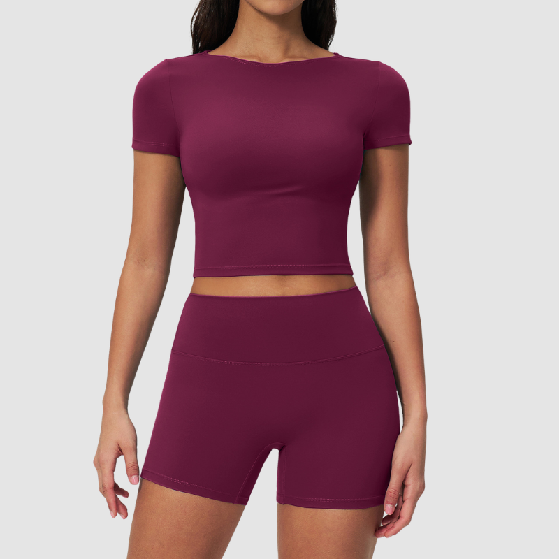Wholesale Seam-Detail Cropped Short-Sleeve Top & High-Waist Biker Shorts Set – Brushed Yoga 2-Piece