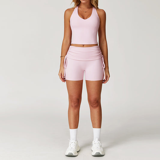 Nude Racerback yoga bra + High-waisted shorts 2-piece set