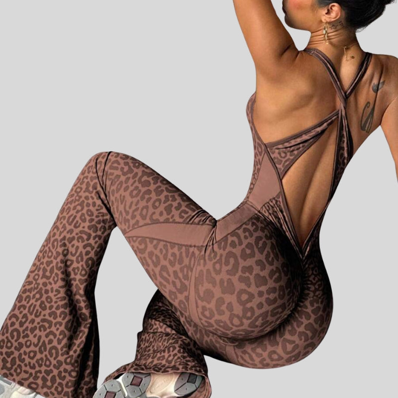 Cross back leopard print jumpsuit