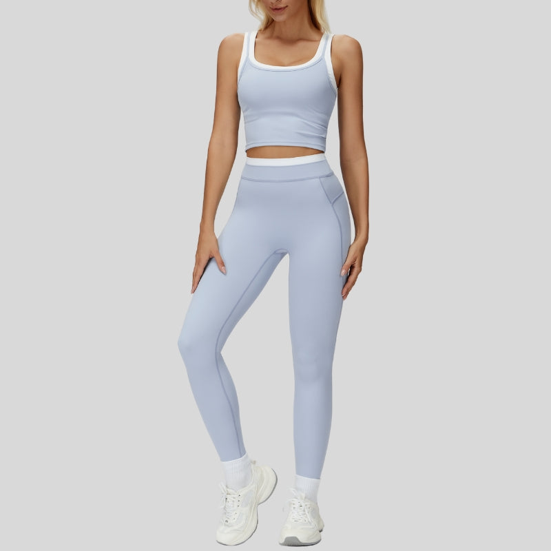 Two-piece contrasting sports tank top+sports leggings 2-piece set