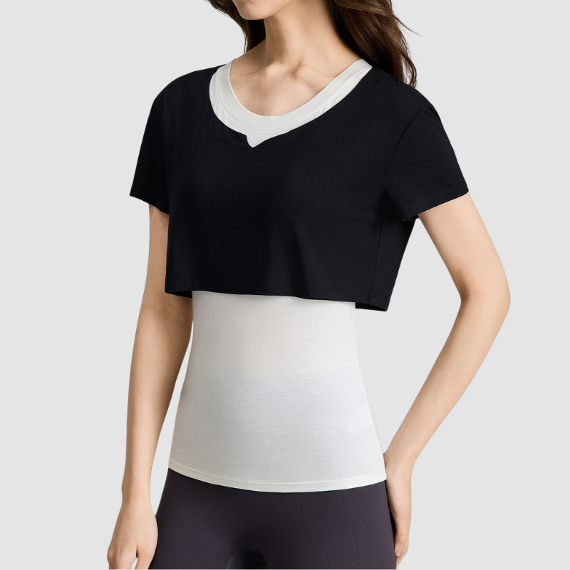 Wholesale Women's Color-Block Faux Two-Piece Yoga Short-Sleeve Top