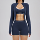 Color blocking Sports jacket+Sport Bra+High waisted shorts 3-piece set