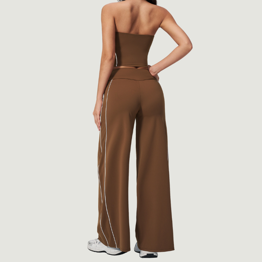 Wholesale Women's Brushed Strapless Tube Top & Wide-Leg Pants Set – Padded Yoga Fitness 2-Piece