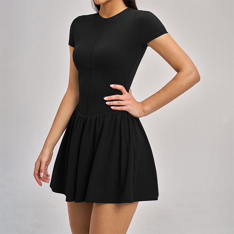 Solid Half Zipper Pleated Anti-Exposure Tennis Dress