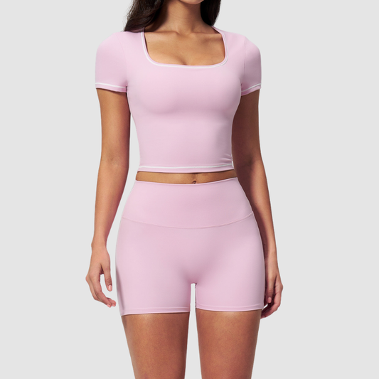 Wholesale Women's Seam-Detail Short Sleeve Crop Top + High-Waist Shorts Set – Butt-Lifting Yoga Gym Activeweare