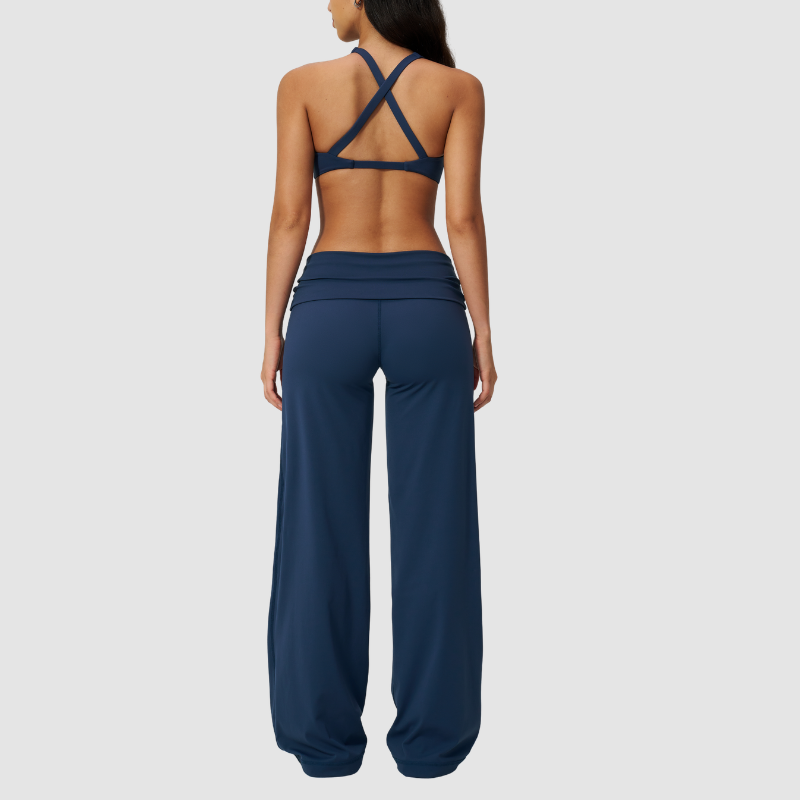 Wholesale Seam-Detail Sports Bra & Fold-up High-Waist Flare Leggings Set