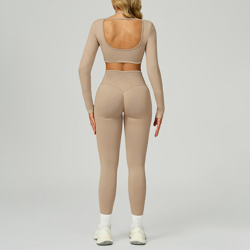 Seamless halter long sleeve top + High-waisted leggings 2-Piece Set