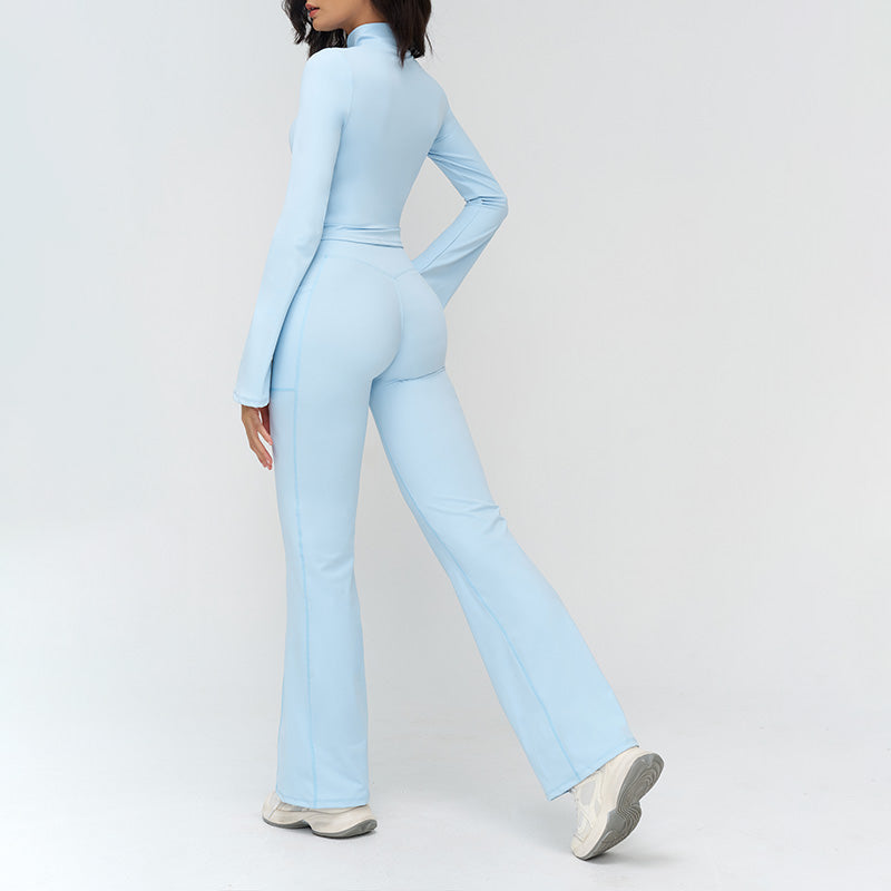 Stand-up collar yoga jacket + nude high-waisted flared pants 2-piece set