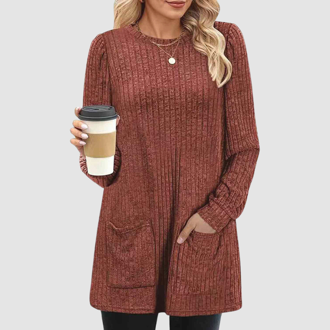 Wholesale Women’s Ribbed Pocket Tunic Sweater – Mid-Long Knit Pullover