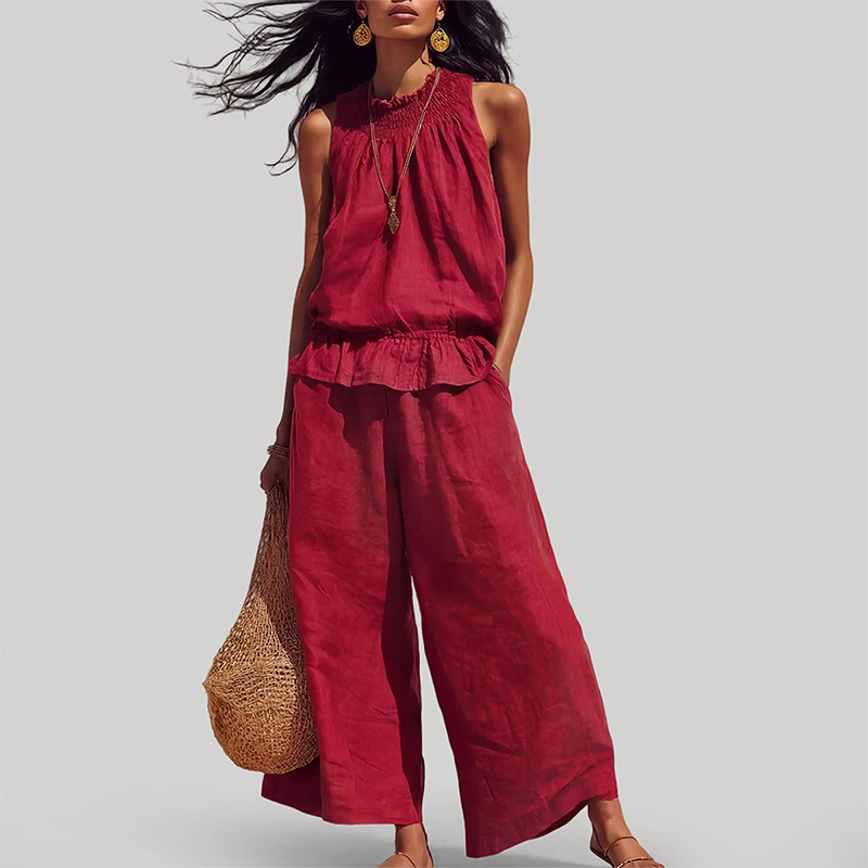 Wholesale Women's Ruffle Neck Sleeveless Top & Wide-Leg Pants Vacation Set