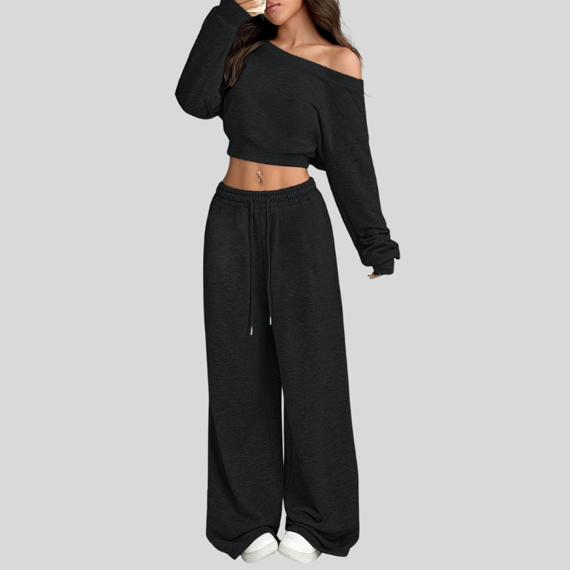 One-shoulder short sweatshirt + drawstring loose sweatpants 2-piece set