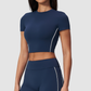 Wholesale Women's Brushed Contrast Piping Short Sleeve Crop Top – Moisture-Wicking Yoga Gym Fitness