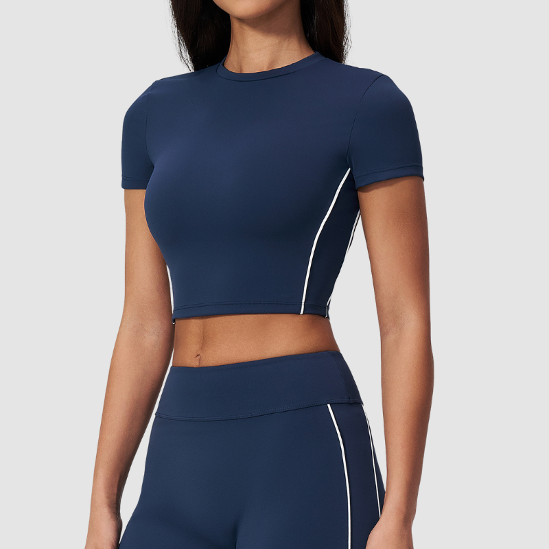 Wholesale Women's Brushed Contrast Piping Short Sleeve Crop Top – Moisture-Wicking Yoga Gym Fitness