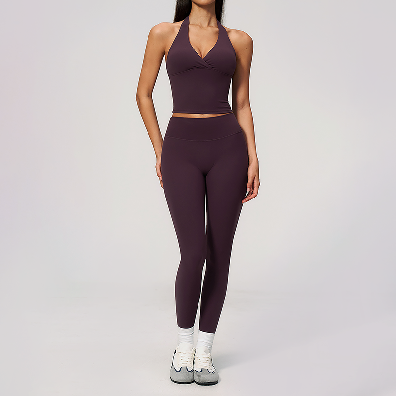 Wholesale Women's Cream-Feel Fleece Deep-V Halter Neck Tank Top & Leggings Set