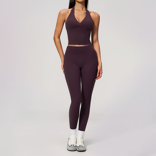 Wholesale Women's Cream-Feel Fleece Deep-V Halter Neck Tank Top & Leggings Set