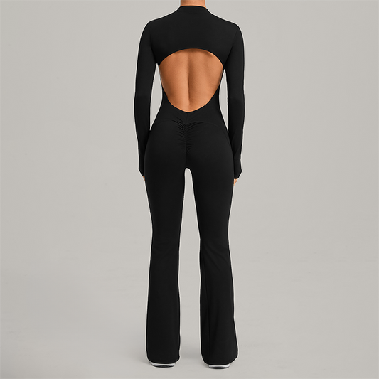 Zipper long sleeved backless fitness jumpsuit