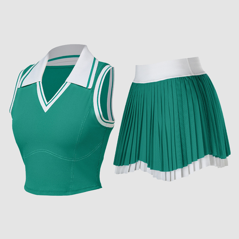 Wholesale Women's Sleeveless Tank Top & Double-Layer Pleated Skirt Set – Built-In Bra Anti-Exposure Tennis Golf Outfit