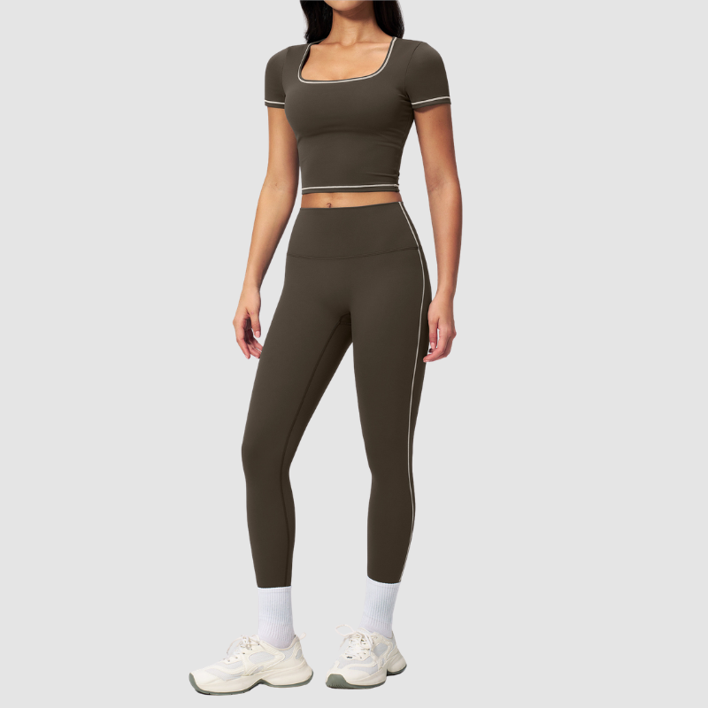 Wholesale Women's Seam-Detail Short Sleeve Crop Top + High-Waist Leggings Set – Butt-Lifting Yoga Gym Activewear