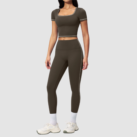 Wholesale Women's Seam-Detail Short Sleeve Crop Top + High-Waist Leggings Set – Butt-Lifting Yoga Gym Activewear