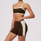 Wholesale Women's Colorblock Bare-Feel Yoga Set Sports Bra & Shorts w/ Chest Pad