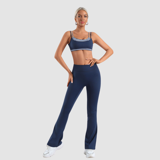 Wholesale Women's Naked-Feel Contrast Grid Sports Bra & Flared Yoga Pants