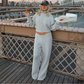 Wholesale Women's Sweaters Striped Stand-Collar Zip Knit Top & Flared Pants Set
