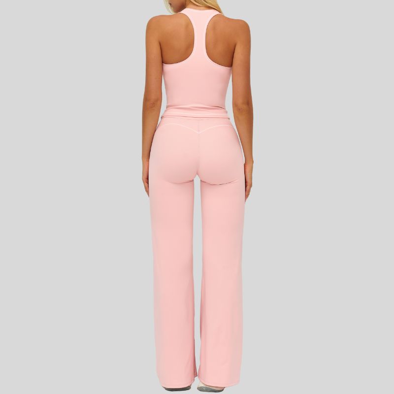 Contrasting racerback tank top+ High-waisted wide-leg pants 2-piece set