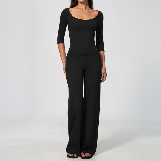 Wholesale Women's Round neck mid sleeve top+Hip lift Wide-Leg Yoga Set